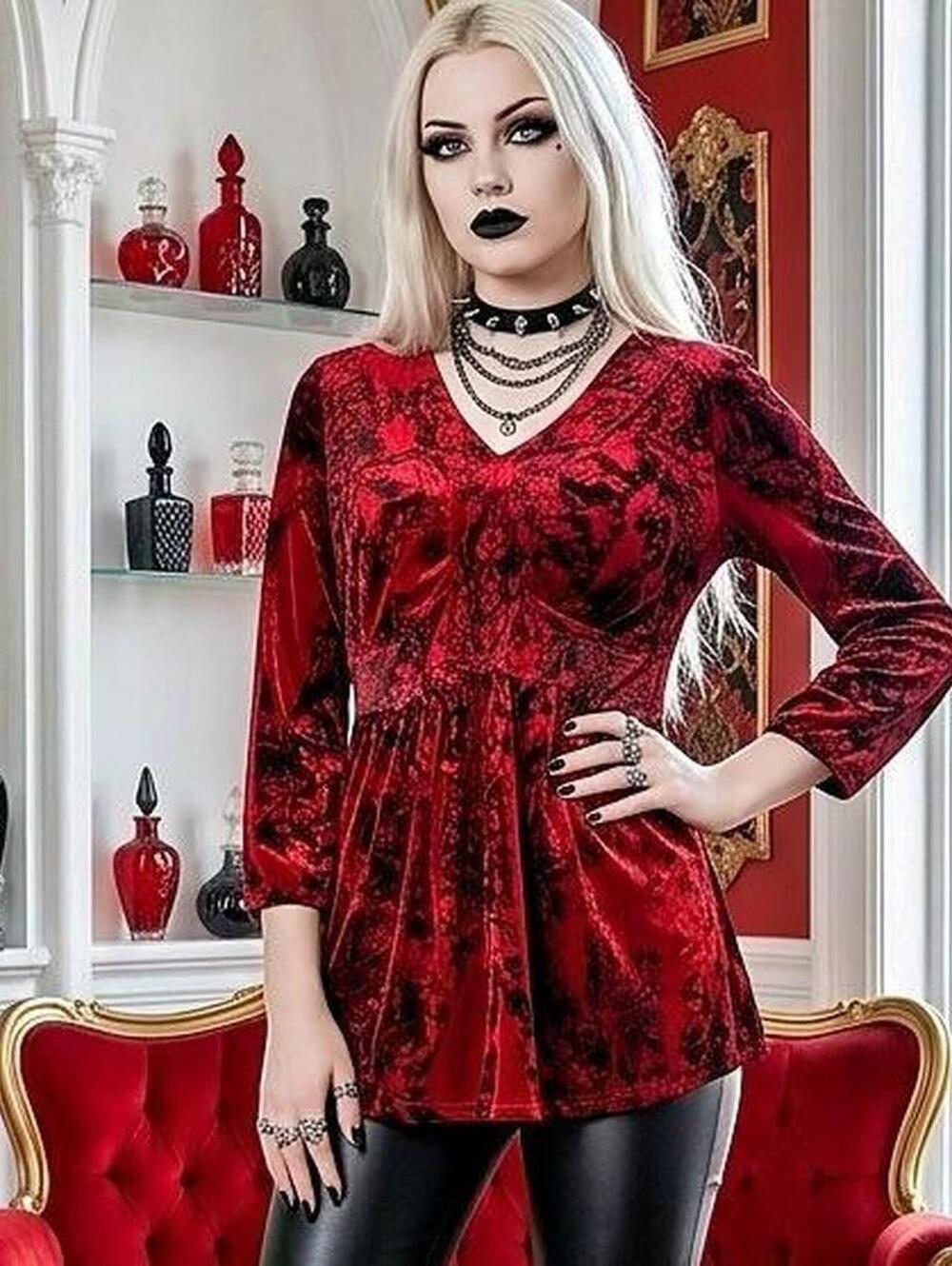Apt 9 Vintage Red Damask Velvet V-Neck Blouse
